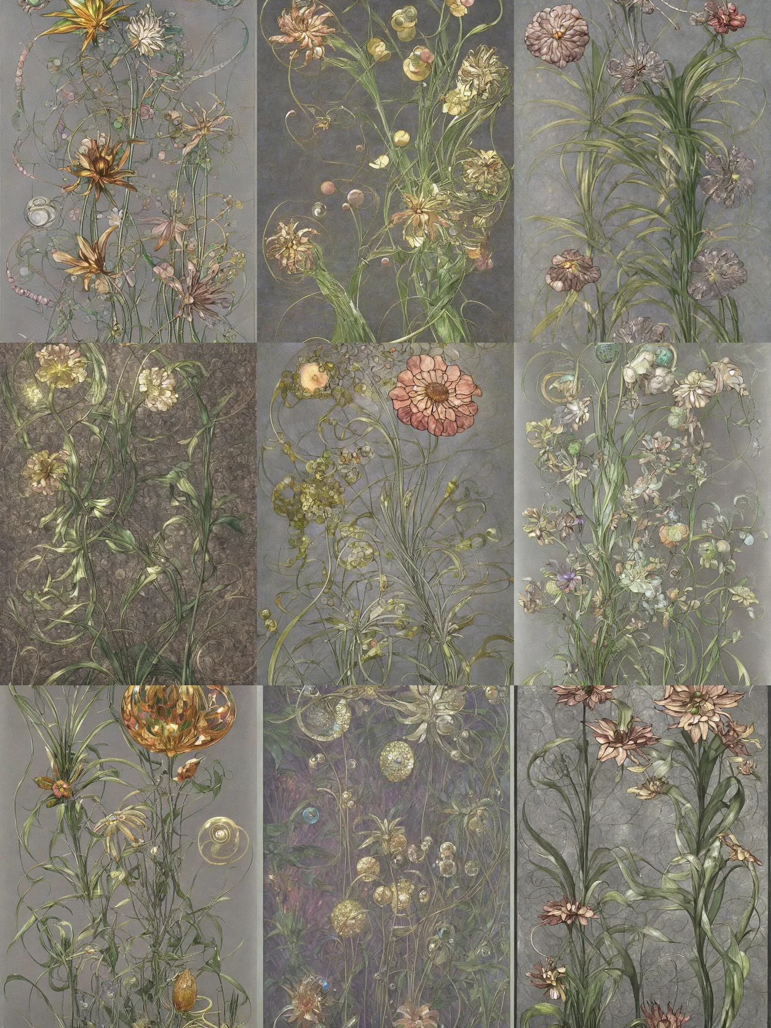 Prompt: a painting of a metallic flower on a gray background, by Earnst Haeckel and Louis Comfort Tiffany, cloisonnism, high detail, detailed painting, biomorphic, bubbles, opalescent, exotic.