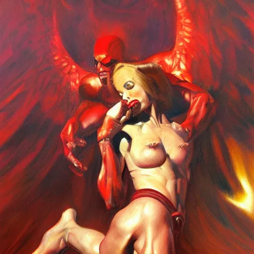 Prompt: detailed portrait of dare devil and dare angel intricate, hyper detailed, realistic, oil painting, by julie bell, frank frazetta, cinematic lighting