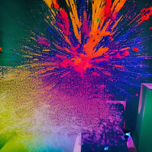 Image similar to photo of color powder explosion in art gallery, metropolitan museum of art, hellenistic sculptures, particles, fine detail, damien hirst and james jean, sharp focus, artstation