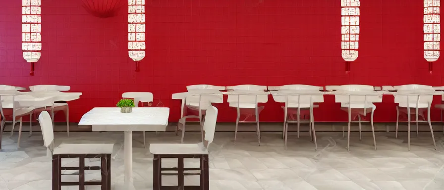 Image similar to a beautiful simple interior render of small roasted string hotpot restaurant restaurant yan'an, wall corner, from china, red paper wall and white tile floor, rectangle white porcelain table, fine simple delicate structure, chinese style, simple composition, simple style structure decoration design, victo ngai, 4 k hd