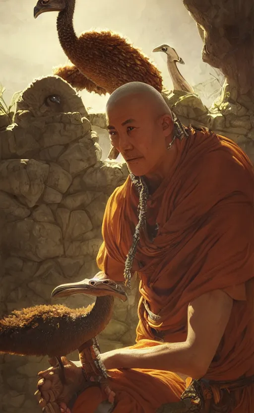 Image similar to male monk petting an undead emu, d & d, fantasy, intricate, highly detailed, digital painting, artstation, octane render, concept art, matte, sharp focus, illustration, hearthstone, art by artgerm and greg rutkowski and alphonse mucha