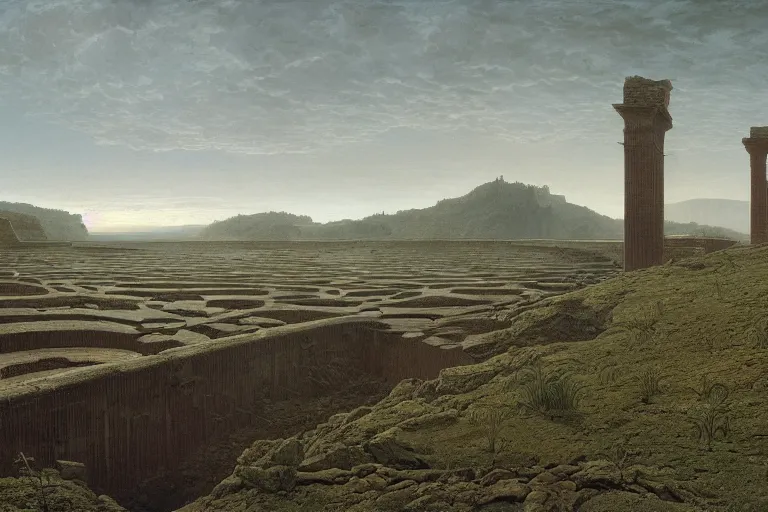 Image similar to intricate, 3 d, vast abandoned dam, style by caspar david friedrich and wayne barlowe and ted nasmith.