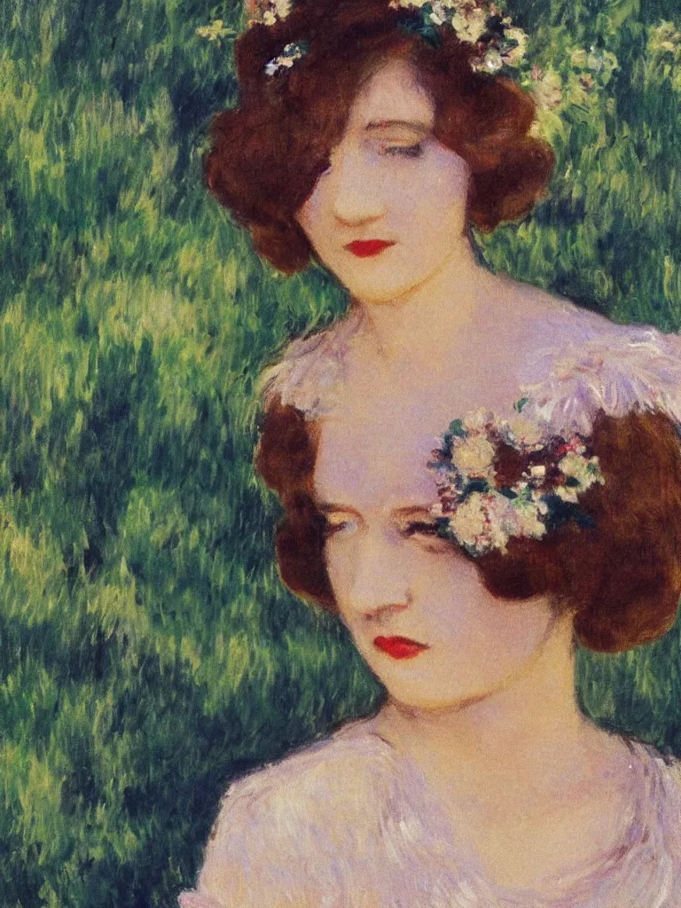 Image similar to portrait of < zelda fitzgerald > as a beautiful young lady wearing 1 9 2 0 s fashion, blurry face, brown hair, slim, fair, severe out of focus, depth of field, pleinairism, in the sun, backlit, closeup, oil on canvas, atr by monet, in the style of le promenade, smooth, impressionnisme, 8 k