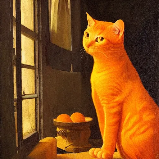 Image similar to a painting of an orange cat staring profoundly into the window, a detailed painting by johannes vermeer, behance, american scene painting, dutch golden age, detailed painting, academic art