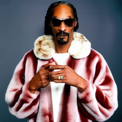 Image similar to Snoop Dogg wearing a mink fur coat, while holding a Vase of flowers for a 1990s sitcom tv show, Studio Photograph, portrait, C 12.0