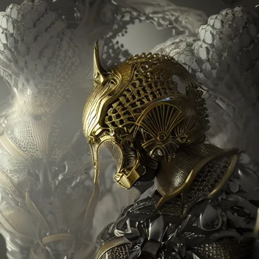 Prompt: fenrir beautiful natural soft light, rim light, gold fractal details, fine lace, mandelbot fractal anatomical, glass, facial muscles, elegant, ultra detailed, metallic armor, octane render