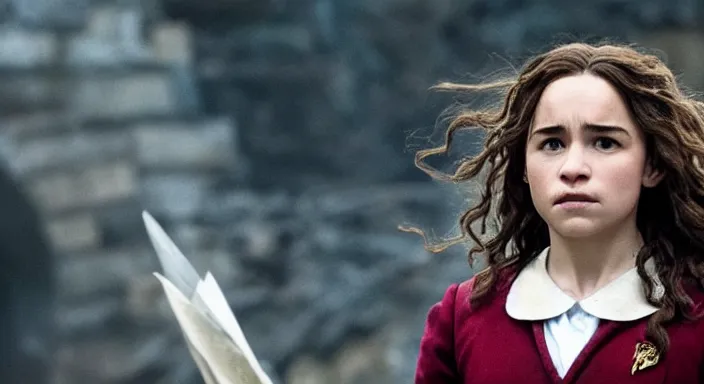 Prompt: Still of Emilia Clark starring as Hermione Granger in her Gryffindor uniform in the new Harry Potter reboot