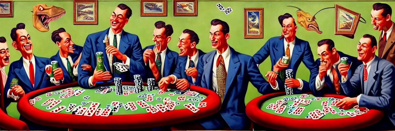 Prompt: dinosaurs wearing vintage suits, playing poker and drinking beer, 1 9 5 0's, oil painting, hyperdetailed