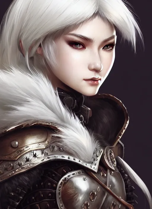 Image similar to warrior, fur - lined leather armor!!! beautiful and elegant white hair female!! gorgeous ayes!! character concept art, sharp focus, octane render! unreal engine 5! highly rendered!! trending on artstation!! detailed linework!! illustration by artgerm, wlop, and chie yoshii