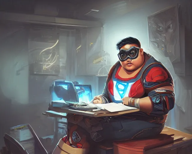 Image similar to an insanely detailed painting of a slightly chubby, nerdy asian man wearing a superhero costume and mask, sitting at a desk, staring at the nervously at the computer and typing, in the style of peter mohrbacher, dramatic lighting and composition, octane render, trending on artstation, concept art, comic book, view from behind