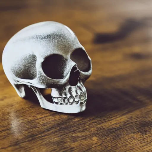 Prompt: glass skull laying on a wooden table