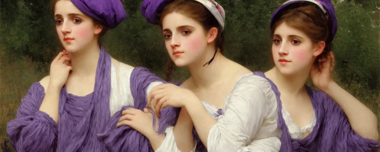 Image similar to Emma Watson wearing an oversized purple Beret, Purple overall shorts, Short Puffy pants made of silk, pointy jester shoes, a big billowy scarf, and white leggings. Rainbow accessories all over. Flowing fabric. Covered in stars. Short Hair. Art by william-adolphe bouguereau and Paul Delaroche and Alexandre Cabanel and Lawrence Alma-Tadema and WLOP and Artgerm. Fashion Photography. Decora Fashion. harajuku street fashion. Kawaii Design. Intricate, elegant, Highly Detailed. Smooth, Sharp Focus, Illustration Photo real. realistic. Hyper Realistic. Sunlit. Moonlight. Dreamlike. Surrounded by clouds. 4K. UHD. Denoise.