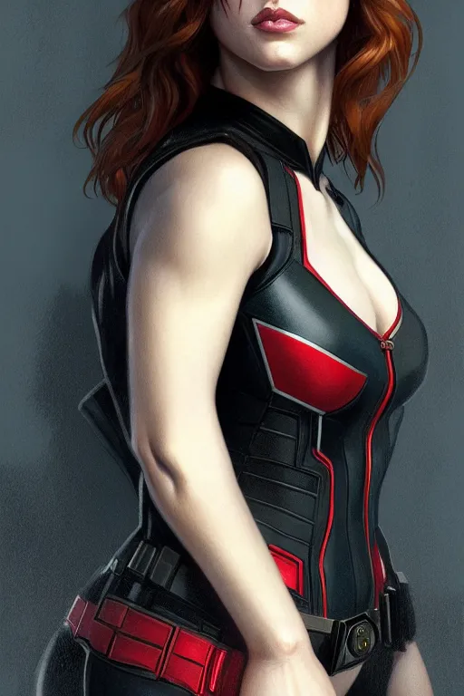 Image similar to alexandra daddario as black widow, realistic portrait, symmetrical, highly detailed, digital painting, artstation, concept art, smooth, sharp focus, illustration, cinematic lighting, art by artgerm and greg rutkowski and alphonse mucha