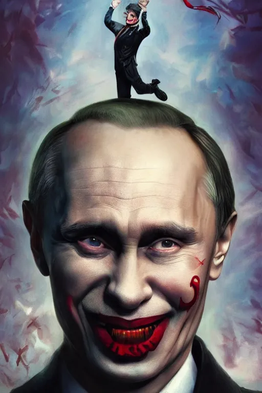 Image similar to vladimir putin as a joker, realistic, high definition, 4 k, shimmering color, hyper detailed, art of greg rutkowski and magali villeneuve and artgerm