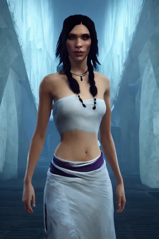 Image similar to Zoe the female character from videogame Dreamfall Chapters, photorealism, full body, white ambient background, unreal engine 5, hyperrealistic, highly detailed, XF IQ4, 150MP, 50mm, F1.4, ISO 200, 1/160s, natural light, Adobe Lightroom, photolab, Affinity Photo, PhotoDirector 365, realistic