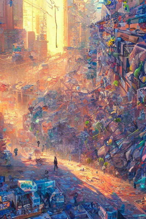 Image similar to people in a busy city people surrounded by 3d graffiti paint dripping down to the floor, hiroshi yoshida, painterly, yoshitaka Amano, artgerm, moebius, loish, painterly, and james jean, illustration, sunset lighting