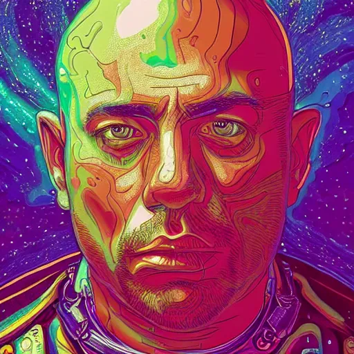 Prompt: Joe Rogan an extremely psychedelic experience, colorful, surreal, dramatic lighting, cosmonaut, LSD, face, detailed, intricate, elegant, highly detailed, digital painting, artstation, concept art, smooth, sharp focus, illustration, art by Sam Spratt, Dan Mumford, Artem Demura and Alphonse Mucha