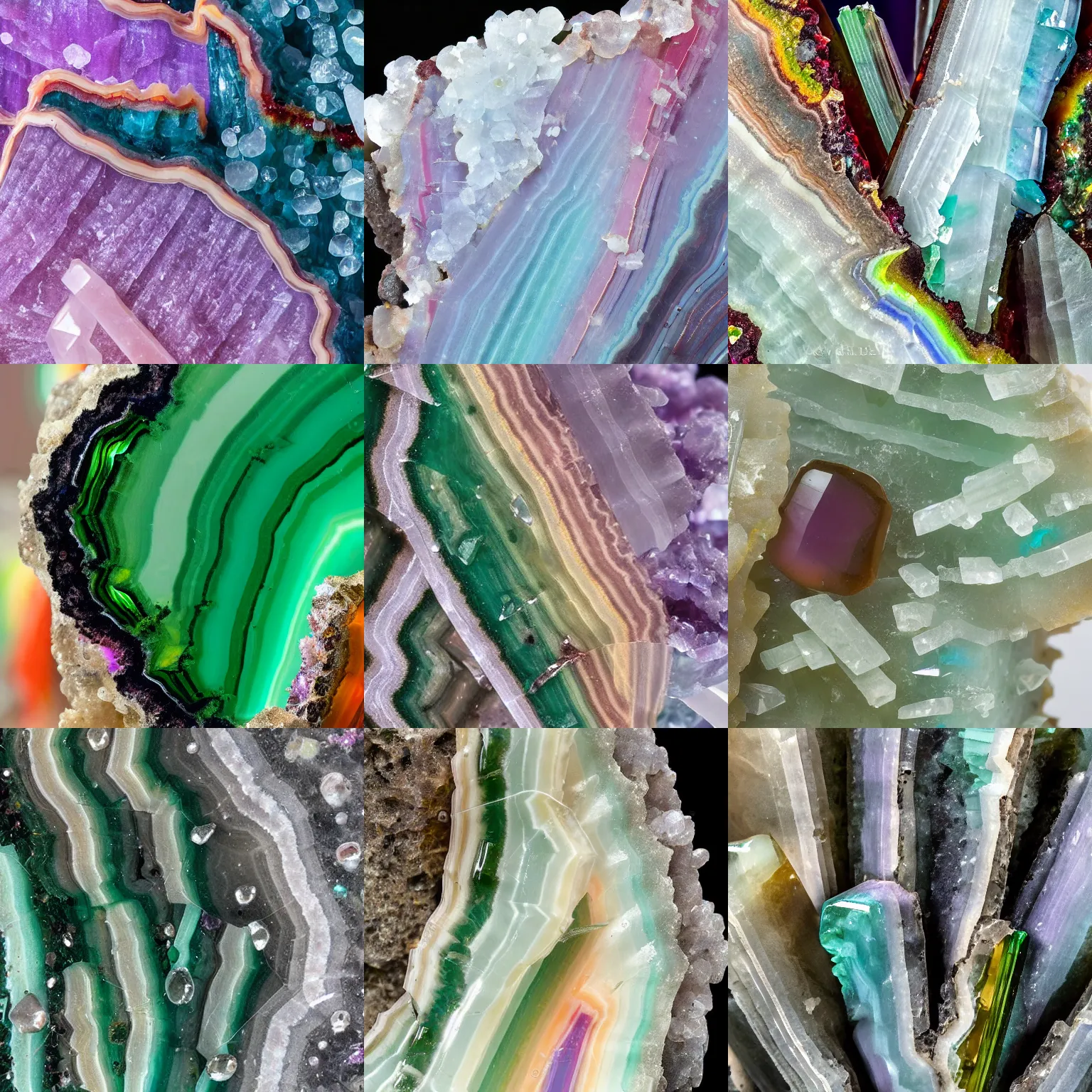 Prompt: close up of apophyllite on a rainbow tourmaline host, agate background