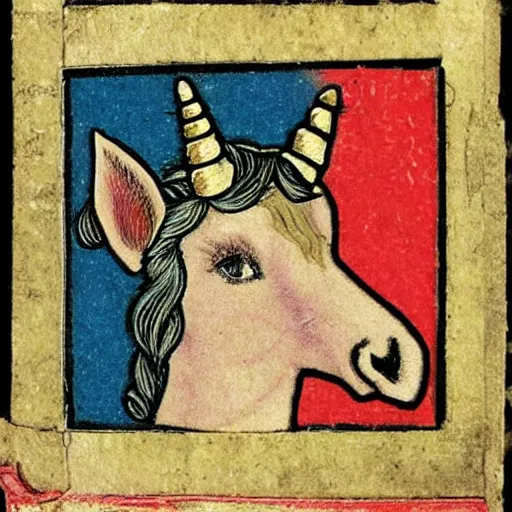 Image similar to unicorn portrait as a medieval gravure