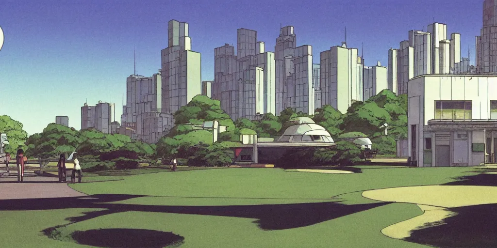 Image similar to A solarpunk round white sci-fi building in a city park, by Studio Ghibli and Edward Hopper