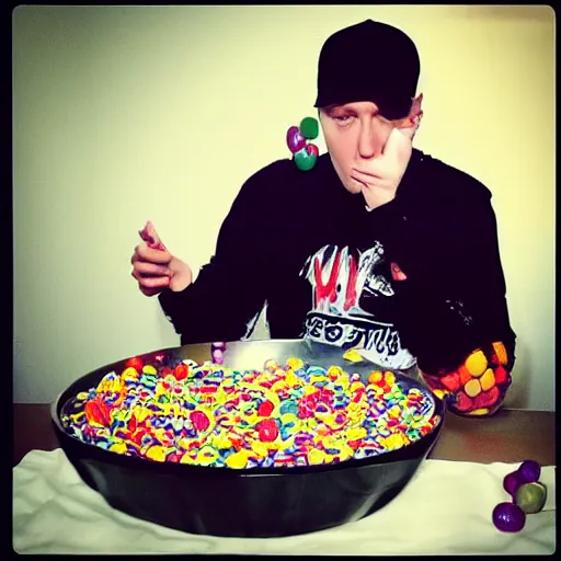 Image similar to “ eminem eating m & ms and mom ’ s spaghetti ”