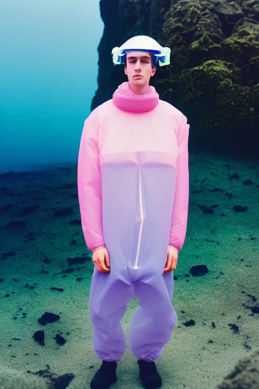 Image similar to high quality pastel coloured film mid angle portrait photograph of a beautiful young 2 0 year old male, soft features, short hair, perspex space visor and oversized inflated clothing!!!! icelandic black! rock pool environment. atmospheric three point light. photographic. art directed. ( pastel colours ). volumetric. clearcoat. waves. 8 k. filmic.