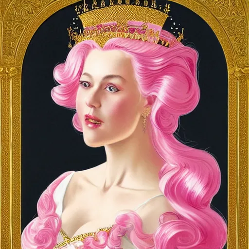 Image similar to the painted portrait of beautiful princess with long blond hair and a golden crown circled by diamonds in a wonderful pink dress over a cloudy black background by Leyendecker, Moocha, and Rebecca Guay, trending on artstation