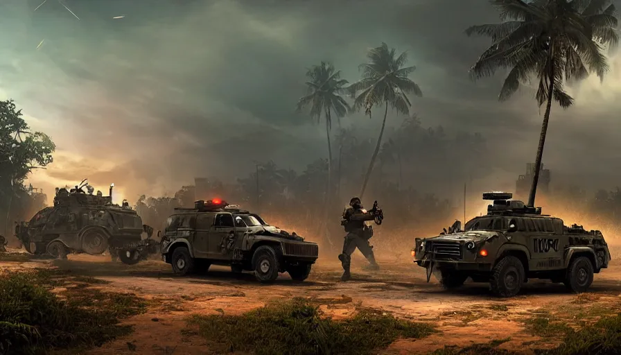 Image similar to a militarized police vehicle riding through a kerala village, troops searching the area, furious action scene, an epic fantasy, dramatic lighting, cinematic, establishing shot, extremely high detail, photorealistic, cinematic lighting, artstation, matte painting, octane render, by simon stalenhag, shadow of the tomb raider, aesthetic