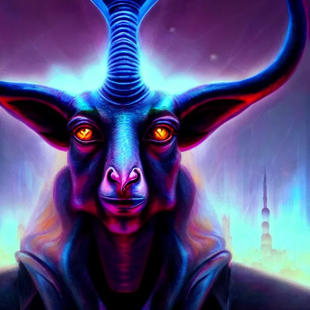 Image similar to Beautiful closeup portrait 3d render of the illuminati Baphomet, face portrait, atmospheric lighting, painted, intricate, volumetric lighting, beautiful, rich deep colors masterpiece, sharp focus, ultra detailed, in the style of Dan Mumford and marc simonetti, with a clear crowded futuristic cyberpunk dubai city in the background, astrophotography