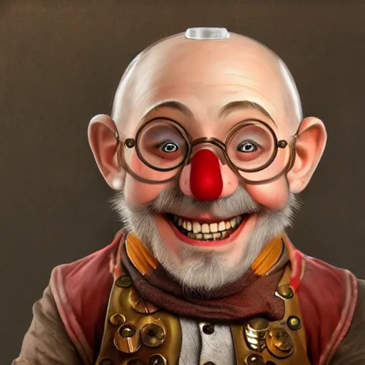 Image similar to 1800's vintage portrait of a grinning steampunk male gnome with big red nose, highly detailed, digital painting, art by Stanley Lau and Artgerm and magali villeneuve and Alphonse Mucha, artstation, octane render, cgsociety