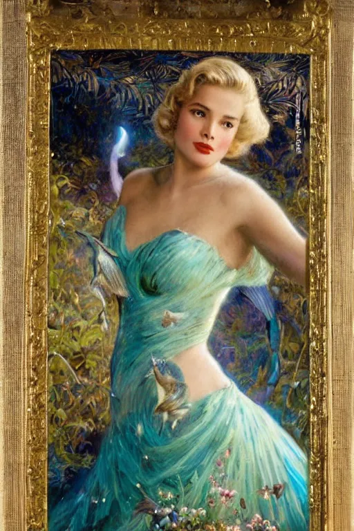 Image similar to A young Grace Kelly explaining the birds and the bees in the style of Gaston Bussière, art nouveau, art deco. Extremely lush detail. Night scene. Perfect composition and lighting. Award-winning mixed media photograph f1.8. Surreal architecture from the future. A shaft of moonlight illuminates her.