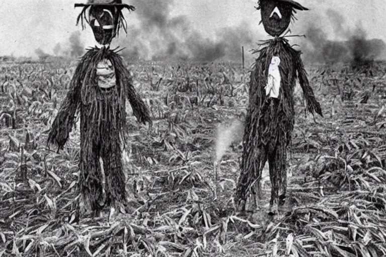 Prompt: horrifying scarecrow from the early 1 9 0 0's burning down the cornfields