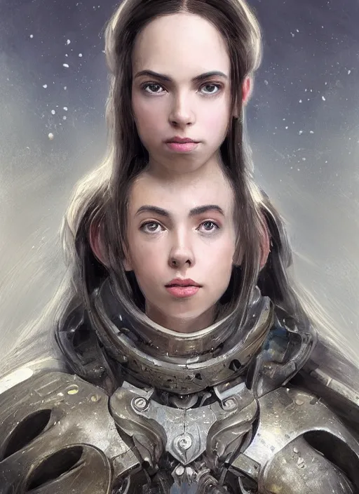 Image similar to a professional portrait of a beautiful young female, clothed in ethereal battle armor, olive skin, long dark hair, beautiful bone structure, symmetrical facial features, intricate, elegant, digital painting, concept art, smooth, sharp focus, finely detailed, illustration, from Valerian and the City of a Thousand Planets, in the style of Ruan Jia and Mandy Jurgens and Artgerm and Greg Rutkowski and William-Adolphe Bouguerea