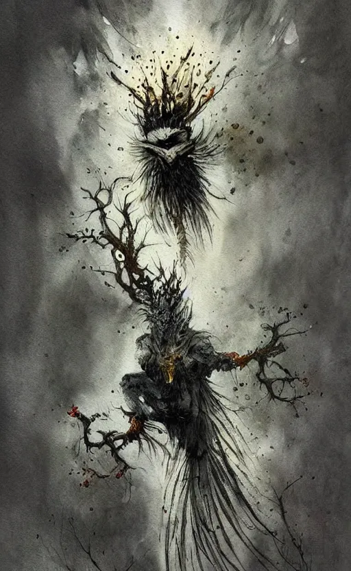 Prompt: detailed terrifying bird god by Jean-Baptiste Monge and frank frazetta , post processing, painterly, book illustration watercolor granular splatter dripping paper texture, ink outlines, painterly, trending on artstation, trending on pinterest childrens art