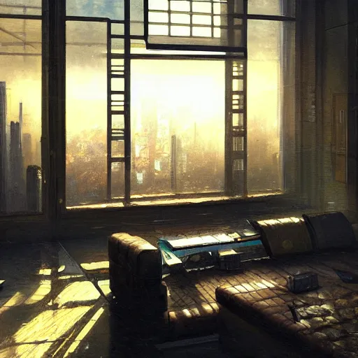 Image similar to cyberpunk living room interior, windows, light rays, buildings, dystoptian, gorgeous view, depth, painted by Seb McKinnon, clouds, tending on artstation