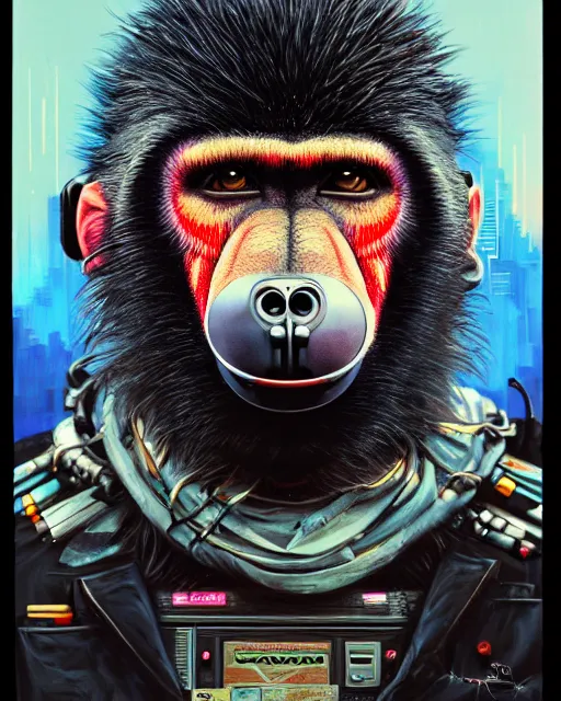 Image similar to a portrait of an anthropomorphic cyberpunk baboon by sandra chevrier, by jon foster, detailed render, tape deck, epic composition, cybernetics, 4 k realistic, cryengine, realistic shaded lighting, sharp focus, masterpiece, by enki bilal