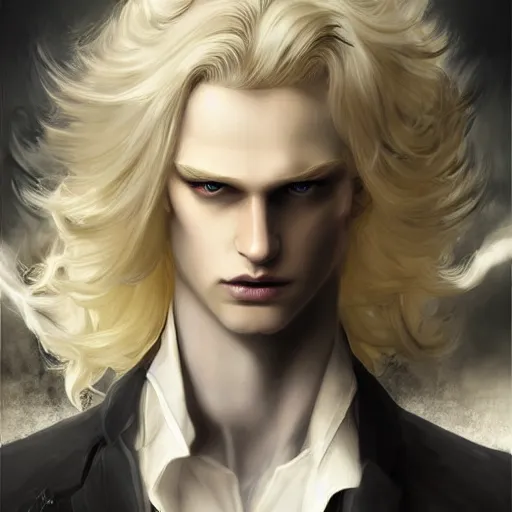 Image similar to digital art of a pale menacing male Cyborg Angel of Battle with fluffy blond curls of hair and piercing eyes, johan liebert mixed with Dante, central composition, he commands the fiery power of resonance and wrath, very very long blond curly hair, baroque curls, by James Gurney and Seb mckinnon and WLOP, Artstation, CGsociety