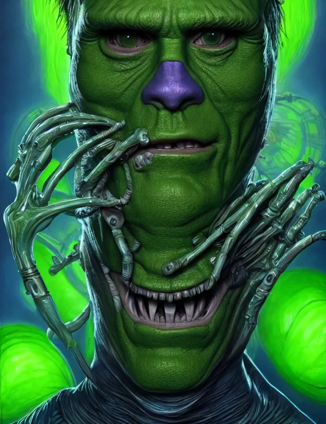 Image similar to a portrait of jim carrey as mask with green skin and mechanical gills, by moebius and tyler edlin and hr giger, trending on artstation, digital art, 4 k resolution, detailed, high quality, sharp focus, hq artwork, coherent, insane detail, concept art