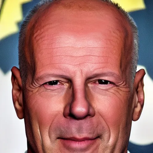 Prompt: photograph of Bruce Willis after a bad hair transplant procedure
