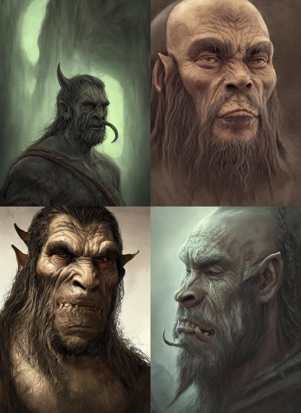 Image similar to portrait of a gentle and wise orc with long hairs in alan lee and marc simonetti and emil melmoth style , cinematic lighting