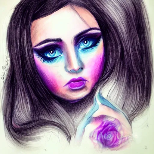 Image similar to beautiful grumpy girl, portrait, ice magic, dark hair and makeup, hand drawing, colour