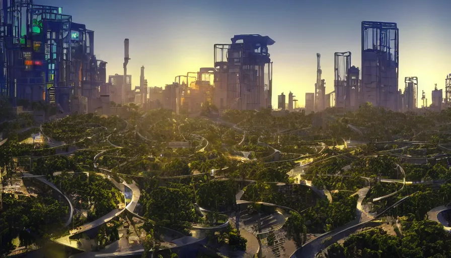 Sunrise over solarpunk city, many trees and plants,, Stable Diffusion