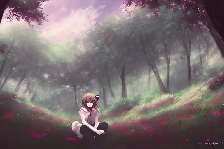 Image similar to a beautiful anime girl sitting in the forest, clouds, green lighting, misty, foggy, early morning, digital art,