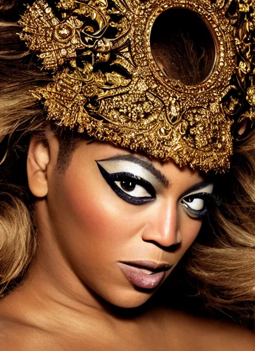 Image similar to photograph of beyonce styled by nick knight posing, intricate headpiece, showstudio, face close up, vogue magazine, 2 0 2 0, canon, highly realistic. high resolution. highly detailed. dramatic. 8 k. 4 k. zeiss lens, canon eos, cinematic lighting, photography, film still