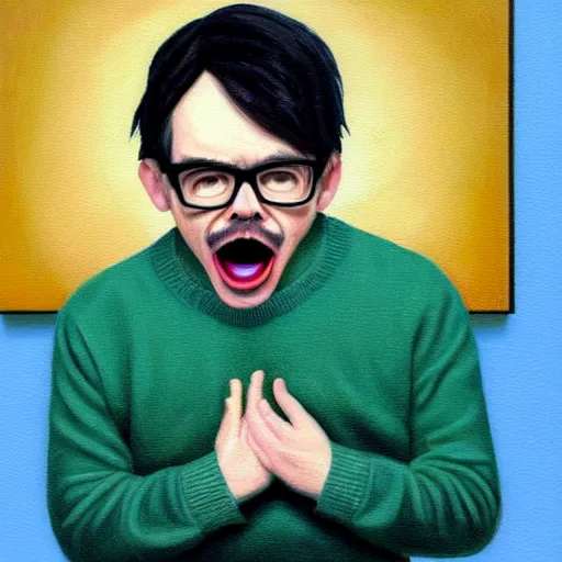 Prompt: An Oil Painting of Rivers Cuomo in a sweater with long hair and a mustache sweating bullets as he imitates The Scream pose in his apartment after seeing kim jong un's nukes falling onto the city, hyperrealistic, extremely realistic, highly realistic, HD Quality, 4k resolution, 8k resolution, Detailed, Very Detailed, Highly Detailed, Extremely Detailed, Intricate Details, Real, Very Real, Oil Painting, Digital Painting, Painting, Trending on Deviantart, Trending on Artstation