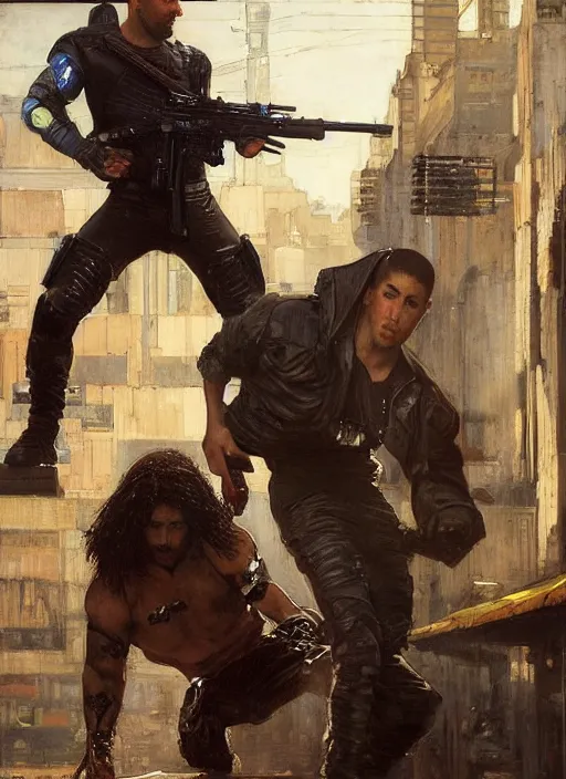 Image similar to big mike in a fight with little alex. cyberpunk meathead wearing a military vest and combat gear fighting small hacker. (Cyberpunk 2077, bladerunner 2049). Iranian orientalist portrait by john william waterhouse and Edwin Longsden Long and Theodore Ralli and Nasreddine Dinet, oil on canvas. Cinematic, hyper realism, realistic proportions, dramatic lighting, high detail 4k