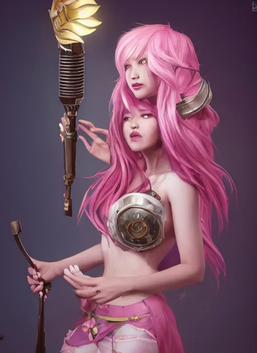 Prompt: joyful seraphine, from league of legends, pink hair, studio microphone, new musical instruments, au naturel, hyper detailed, digital art, trending in artstation, cinematic lighting, studio quality, smooth render, unreal engine 5 rendered, octane rendered, art style by klimt and nixeu and ian sprigger and wlop and krenz cushart