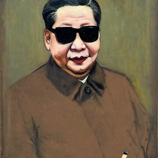 Prompt: xi jinping wearing sunglasses and holding a cigarette by antonio mancini 1 8 7 4