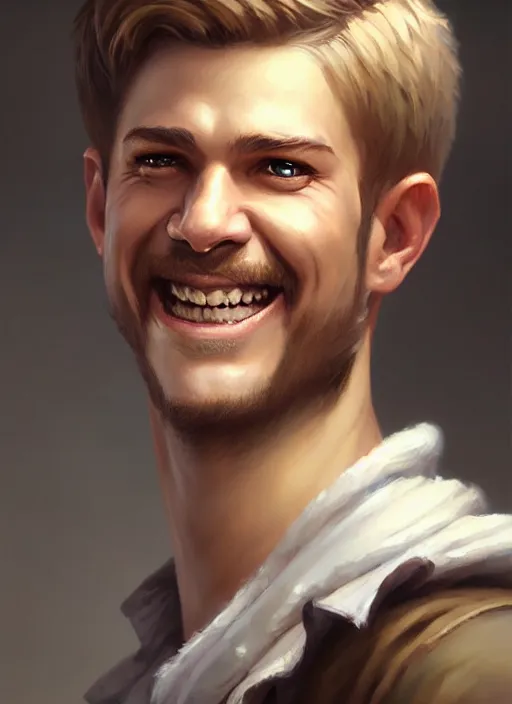 Image similar to a _ fantasy _ style _ portrait _ painting _ of white male short fringe light brown hair short face grinning, rpg dnd oil _ painting _ unreal _ 5 _ daz. _ rpg _ portrait _ extremely _ detailed _ artgerm _ greg _ rutkowski _ greg