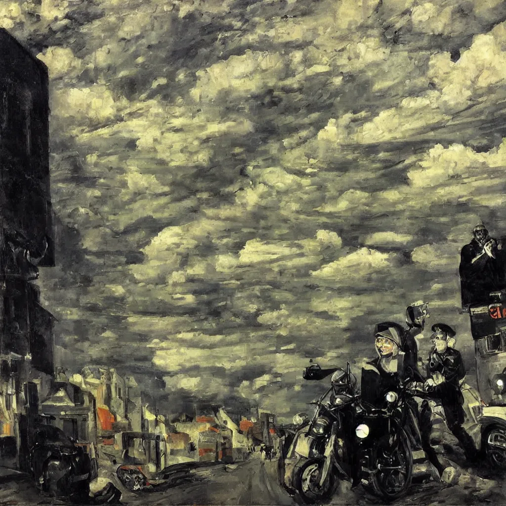 Image similar to a city in the clouds, one raised road leaving the city curving towards viewer, a motorcycle, man wearing leather jacket and black helmet, oil painting, style of george bellows